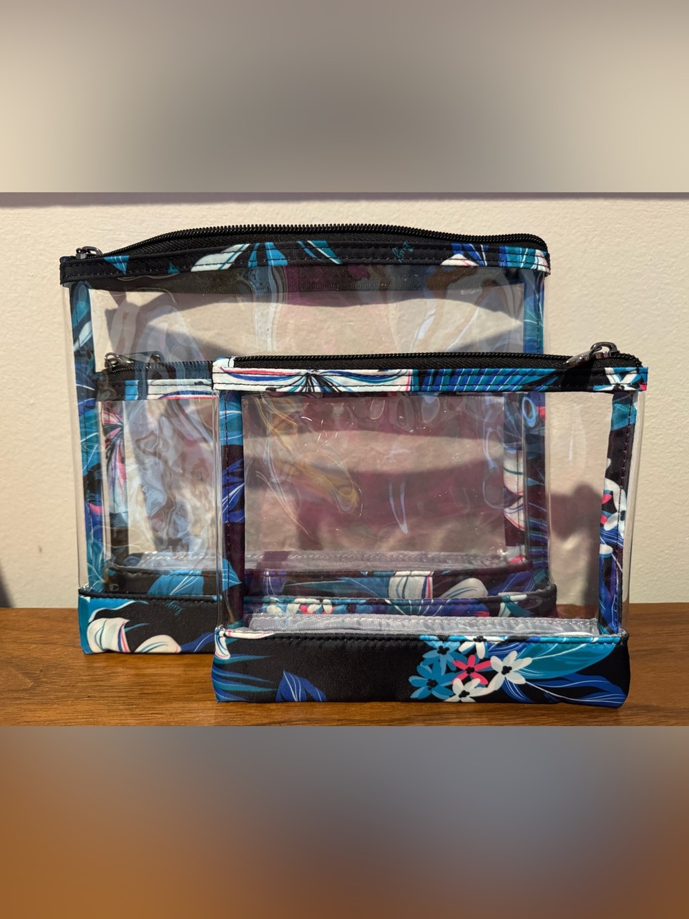 Lug Seesaw 2 Piece Clear Envelope Travel Pouch Set Black Floral Whimsy NWOT